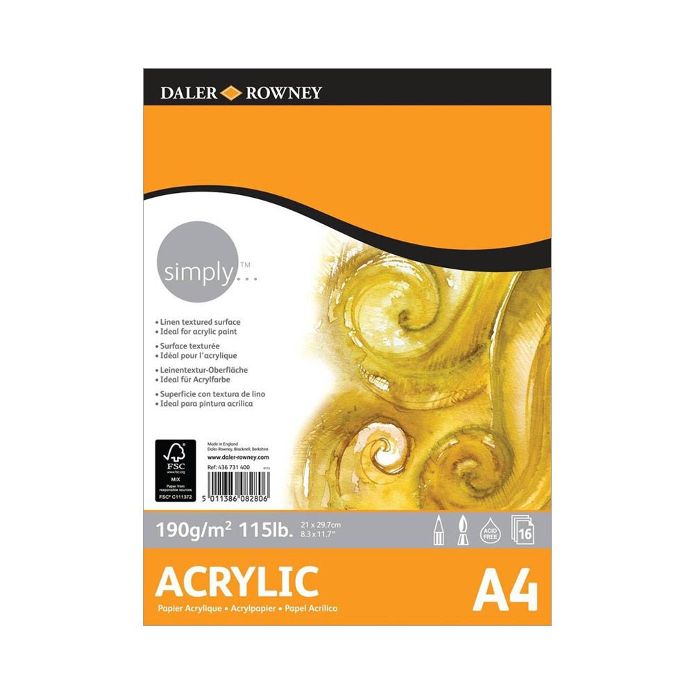 Bluepixel Equipamentos e Serviços Informáticos Lda | Bloco de Papel Acrílico Daler Rowney Simply A4 190g – 16 Folhas Daler Rowney Cadernos Desenho