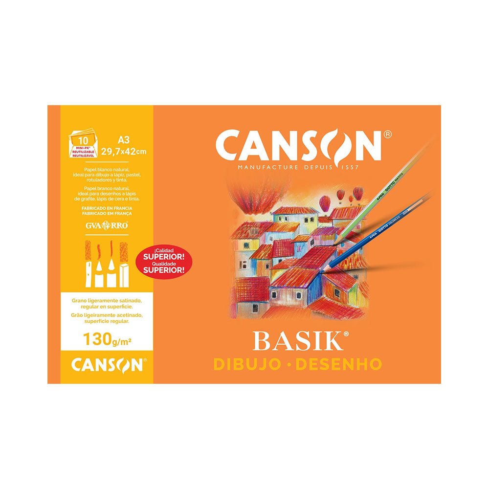 Bluepixel Equipamentos e Serviços Informáticos Lda | Papel de Desenho A3 130g Canson Basik – Pack com 10 folhas Canson Cadernos Desenho