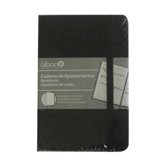 Bloco de notas pautado preto com capa dura, tamanho 14x9cm e 96 folhas, ideal para anotações e escrita diária.