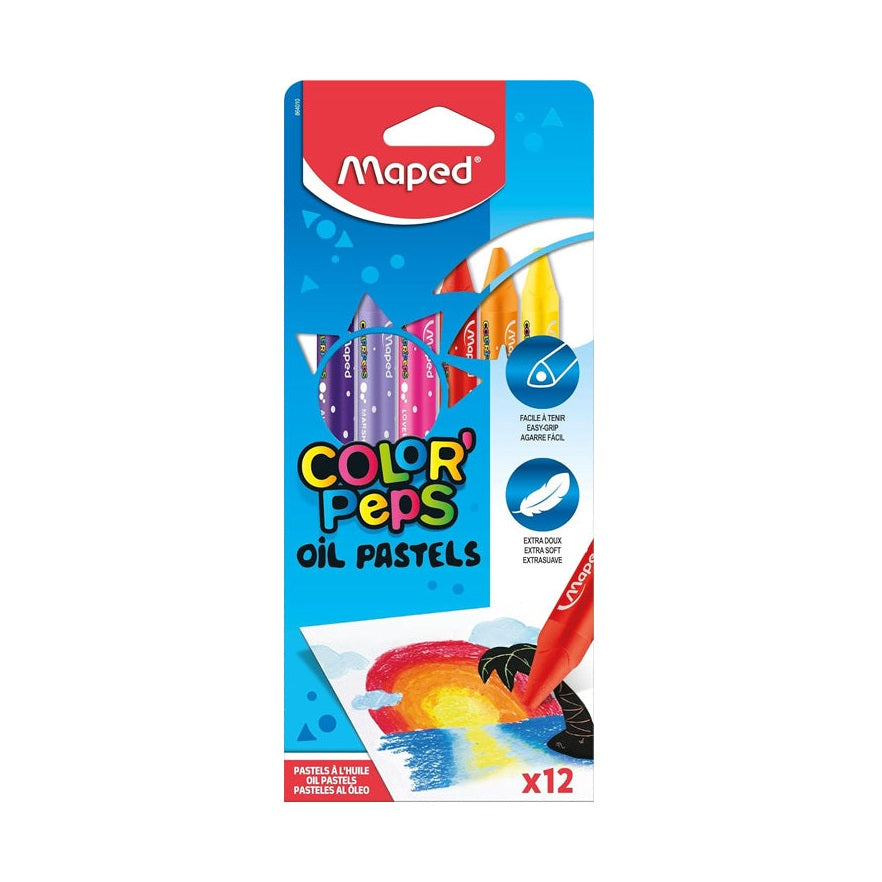 Lápis pastel a óleo Color Peps da Maped, caixa com 12 unidades, mostrados em uma embalagem colorida sobre uma mesa.