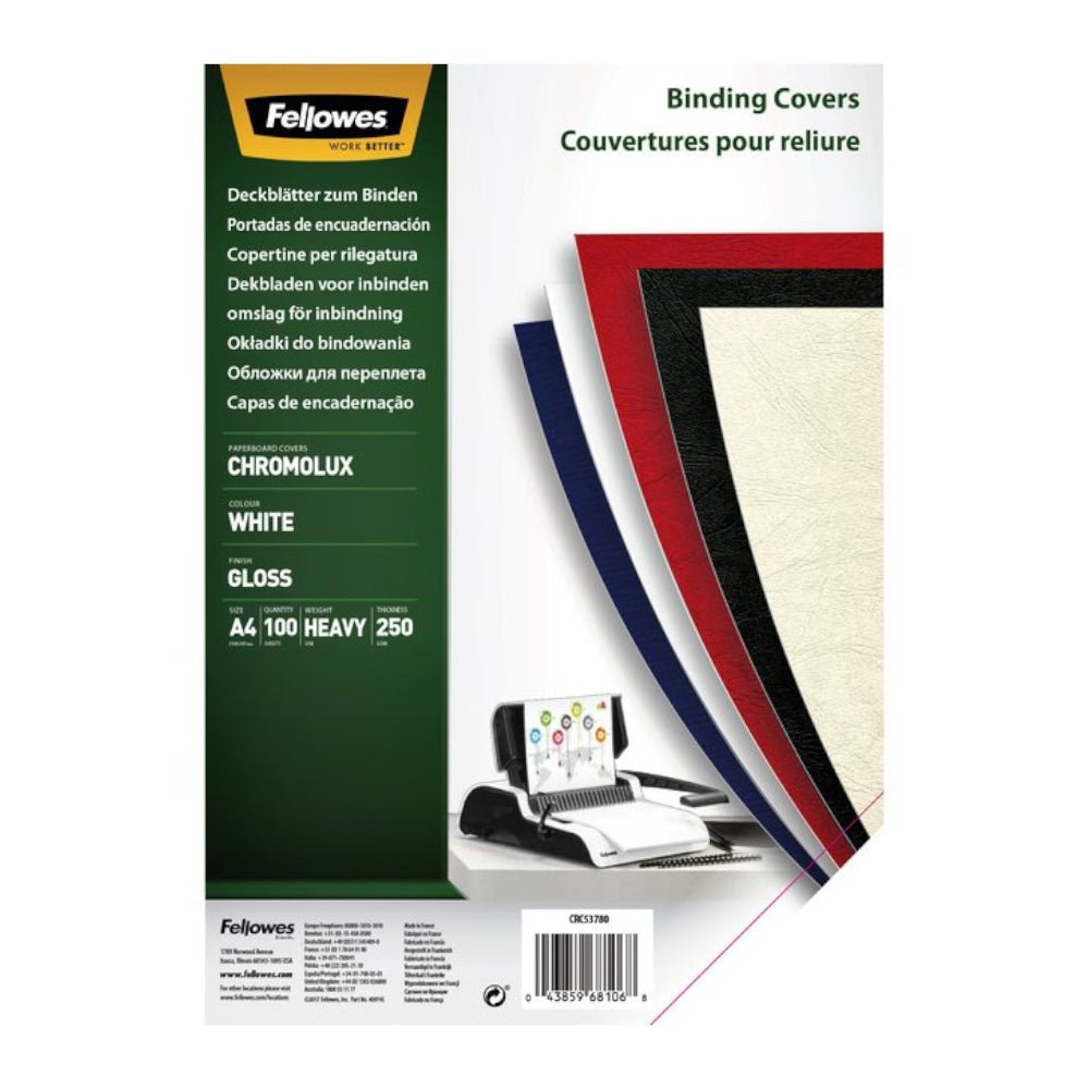 Bluepixel Equipamentos e Serviços Informáticos Lda | Capa de Encadernação A4 250g Cromolux Branco - 100 unidades Fellowes Capas de Encadernação