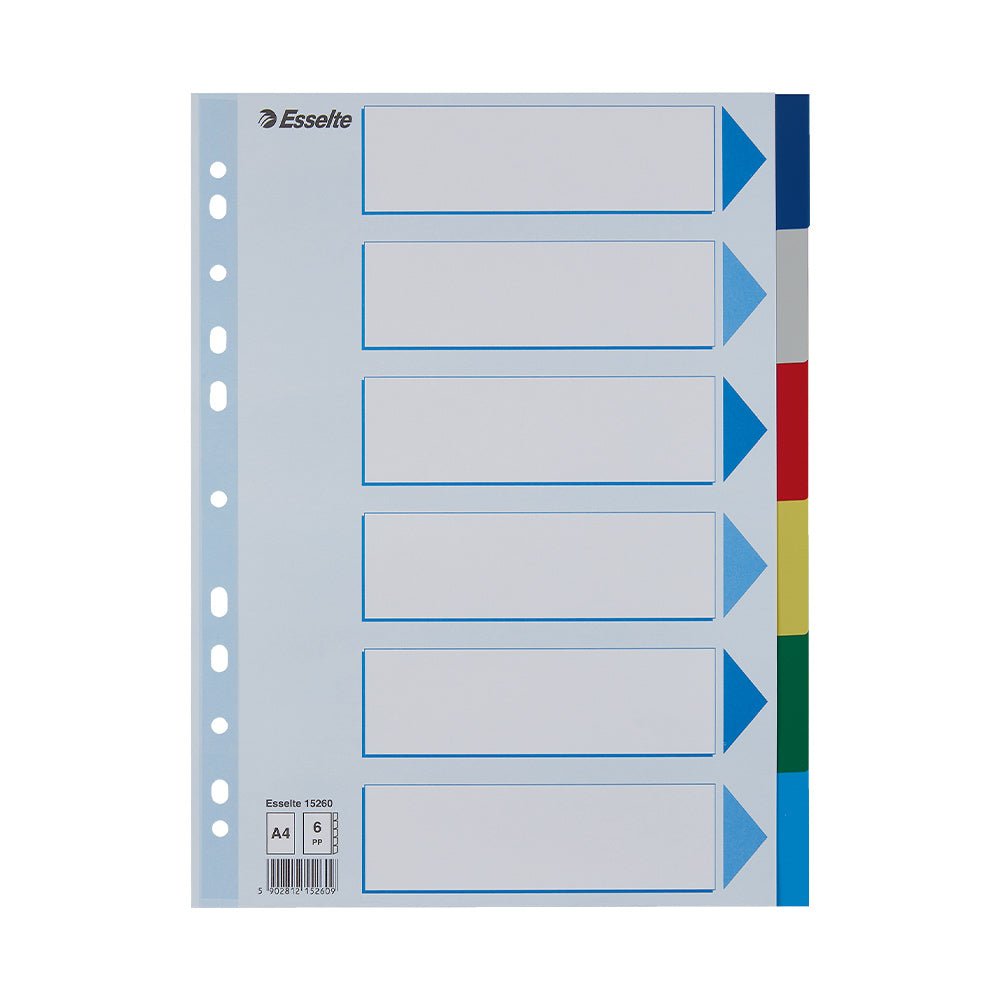 Bluepixel Equipamentos e Serviços Informáticos Lda | Separadores A4 em Polipropileno Colorido com 6 Pestanas Esselte Separadores em Plástico