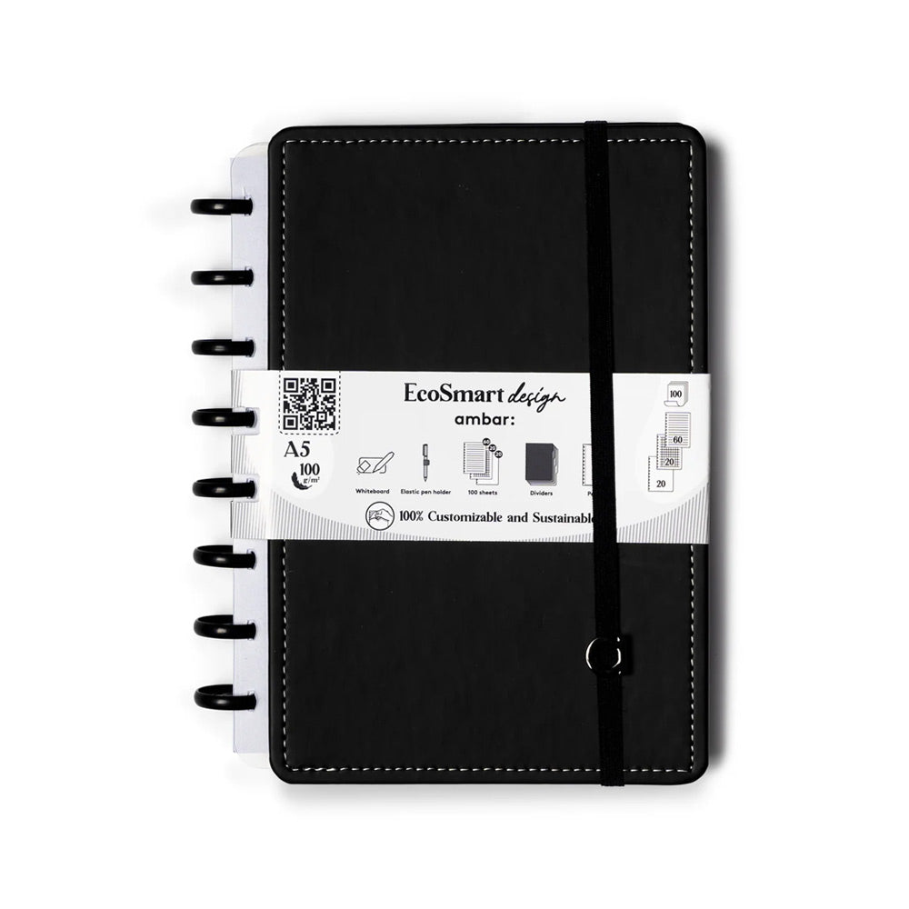 Bluepixel Equipamentos e Serviços Informáticos Lda | Caderno EcoSmart A5 Preto PU 100Fls, Lúcido e Sustentável Ambar Cadernos EcoSmart