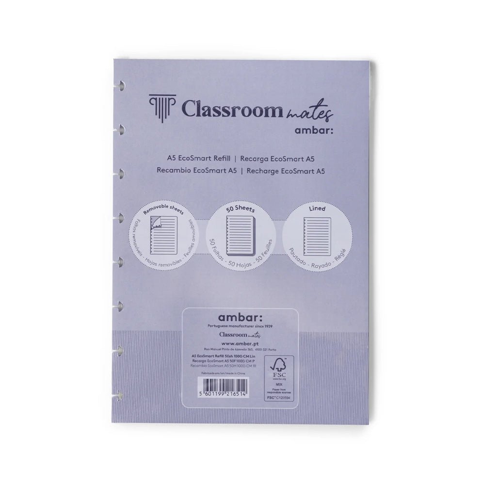 Bluepixel Equipamentos e Serviços Informáticos Lda | Recarga Caderno Ambar EcoSmart A5 Pautado – 50 Folhas Ambar Cadernos EcoSmart