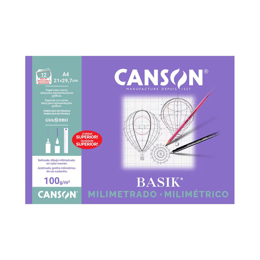 Bluepixel Equipamentos e Serviços Informáticos Lda | Papel Milimétrico A4 100g Canson Basik - Pack com 12 folhas Canson Milimétrico