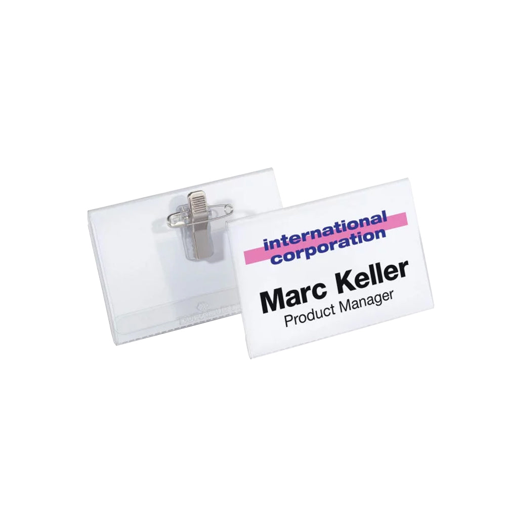Bluepixel Equipamentos e Serviços Informáticos Lda | Porta-Nomes Horizontal 75x40mm com Mola e Alfinete – Pack 25 Durable Porta-Nomes