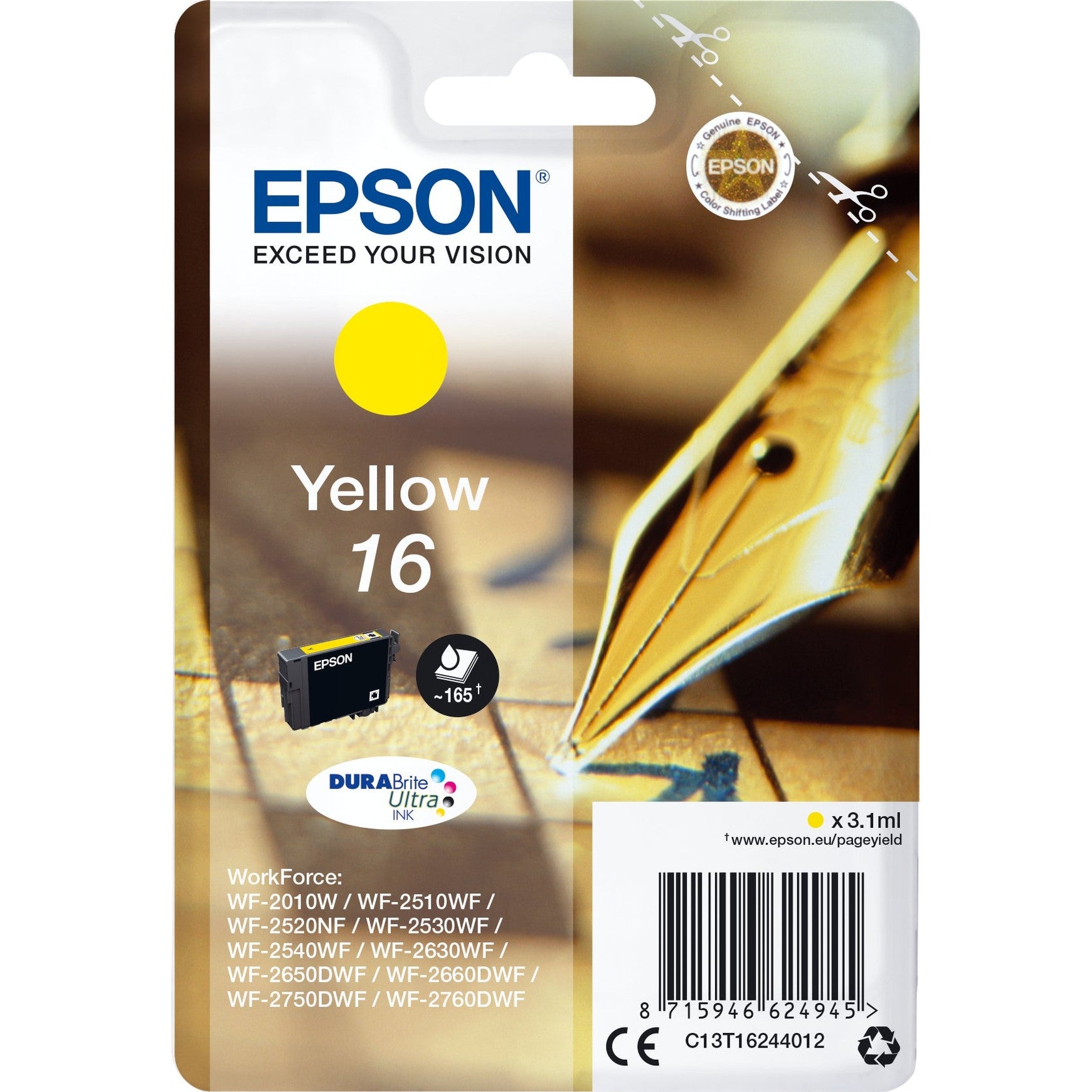 EPSON 1LB 16 ink cartridge yellow standard capacity 3.1ml 165 pages 1-pack blister without alarm