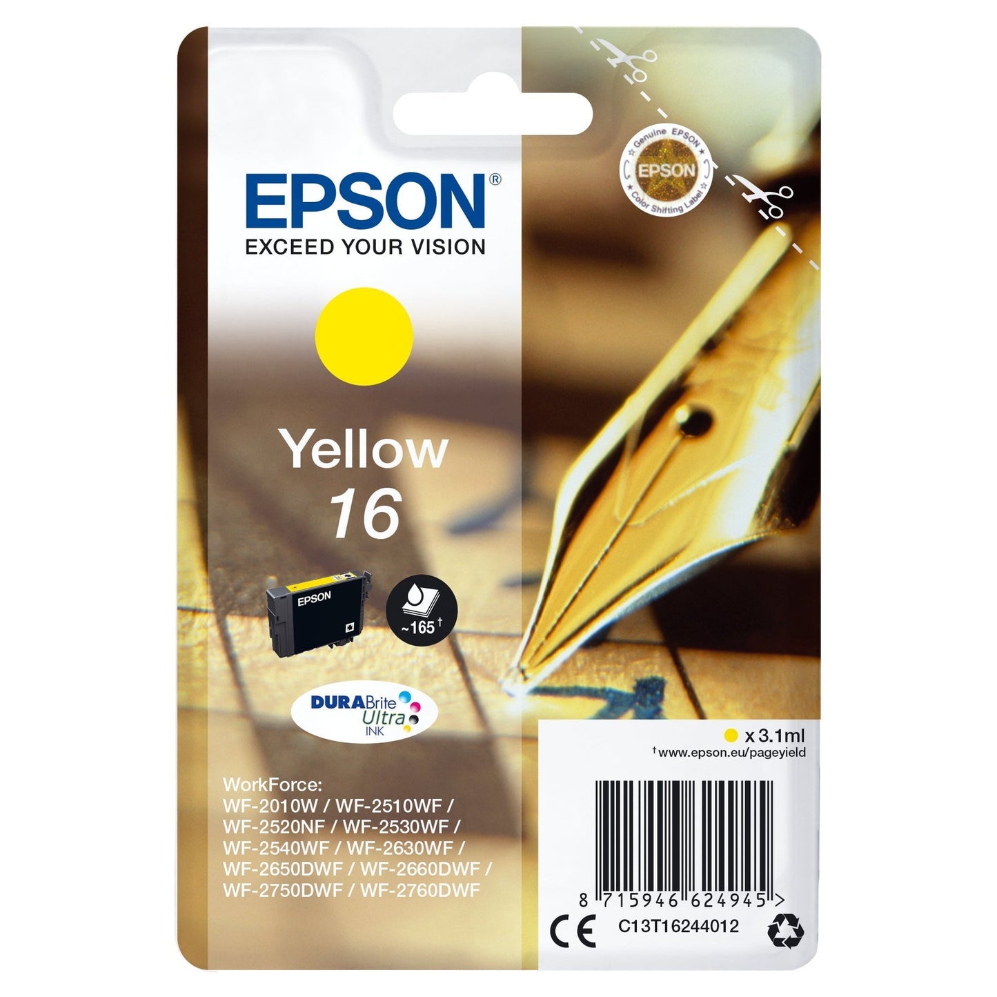 Tinteiro EPSON 16 Amarelo com Alarme RF para WF-2010/251xx/26xx/27xx Epson