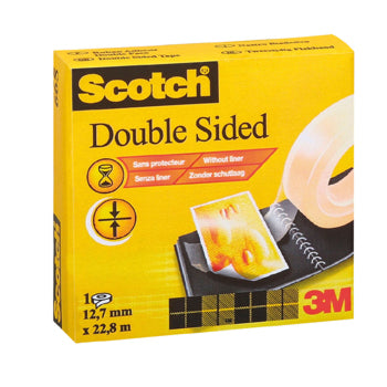 Fita adesiva dupla face Scotch 12,7mm x 22,8m transparente da 3M, exibida na imagem com rolo e superfície limpa