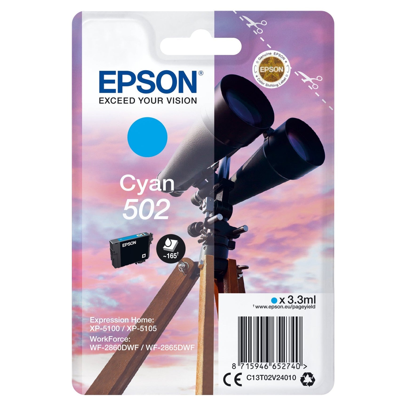 Tinteiro EPSON 502 Ciano para XP-51xx e WF-286x | Compatível Epson