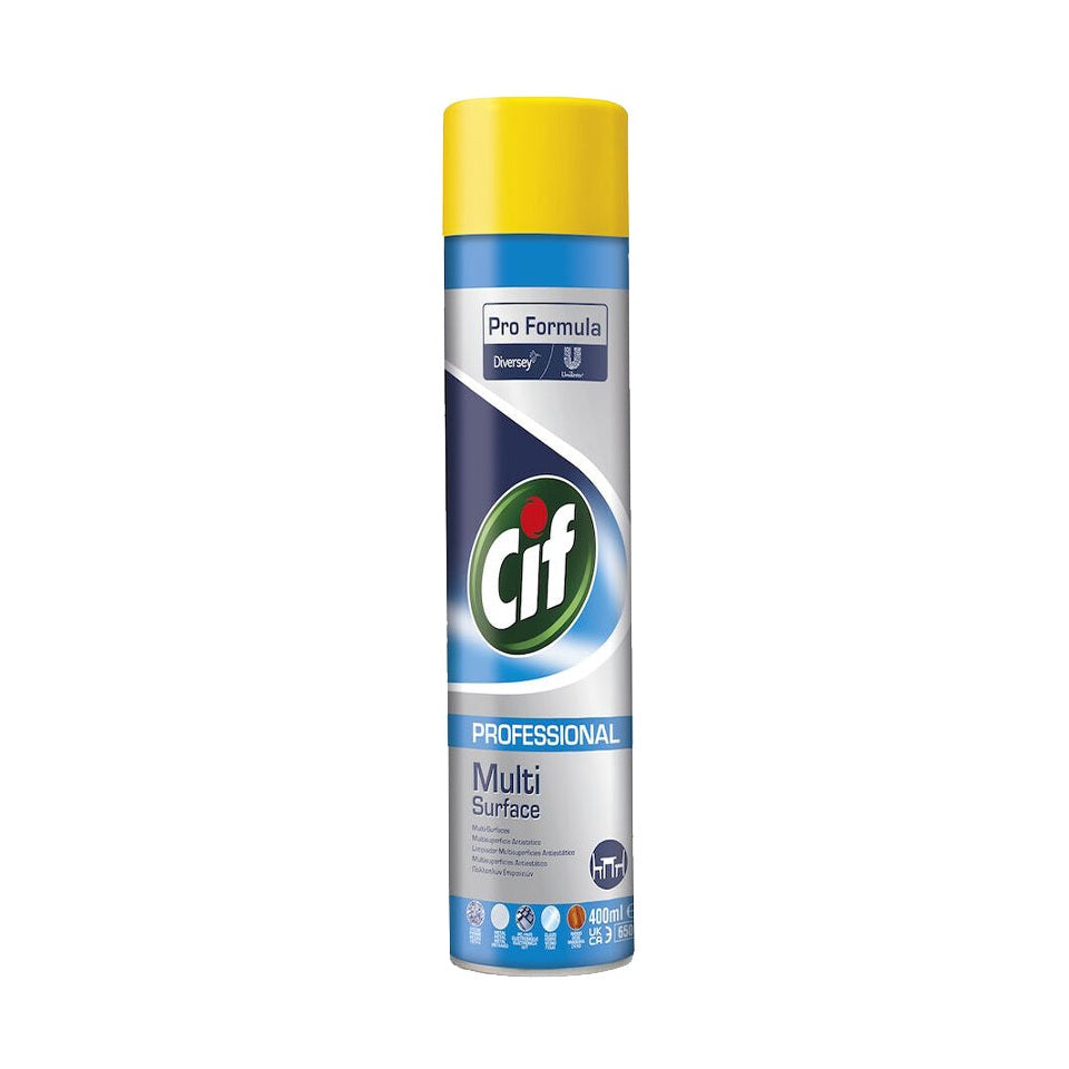 Spray Cif PF Multisuperfícies para móveis e madeiras, 400ml, da marca Diversey, com embalagem e spray em destaque.