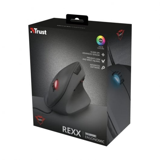 Mouse gamer vertical Trust GXT 144 REXX, ergonômico e preciso, ideal para jogos, com design confortável e detalhes visíveis na imagem.