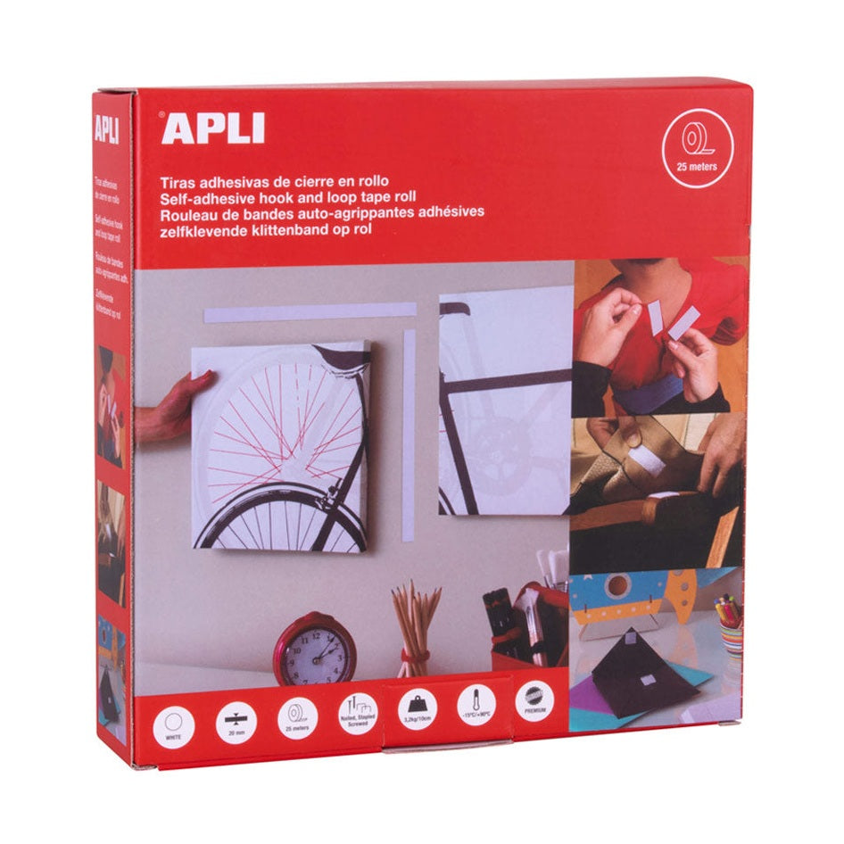 Fitas Velcro Apli de 20mm por 25m na cor branca, tecido resistente para fixação e fechamento fácil.