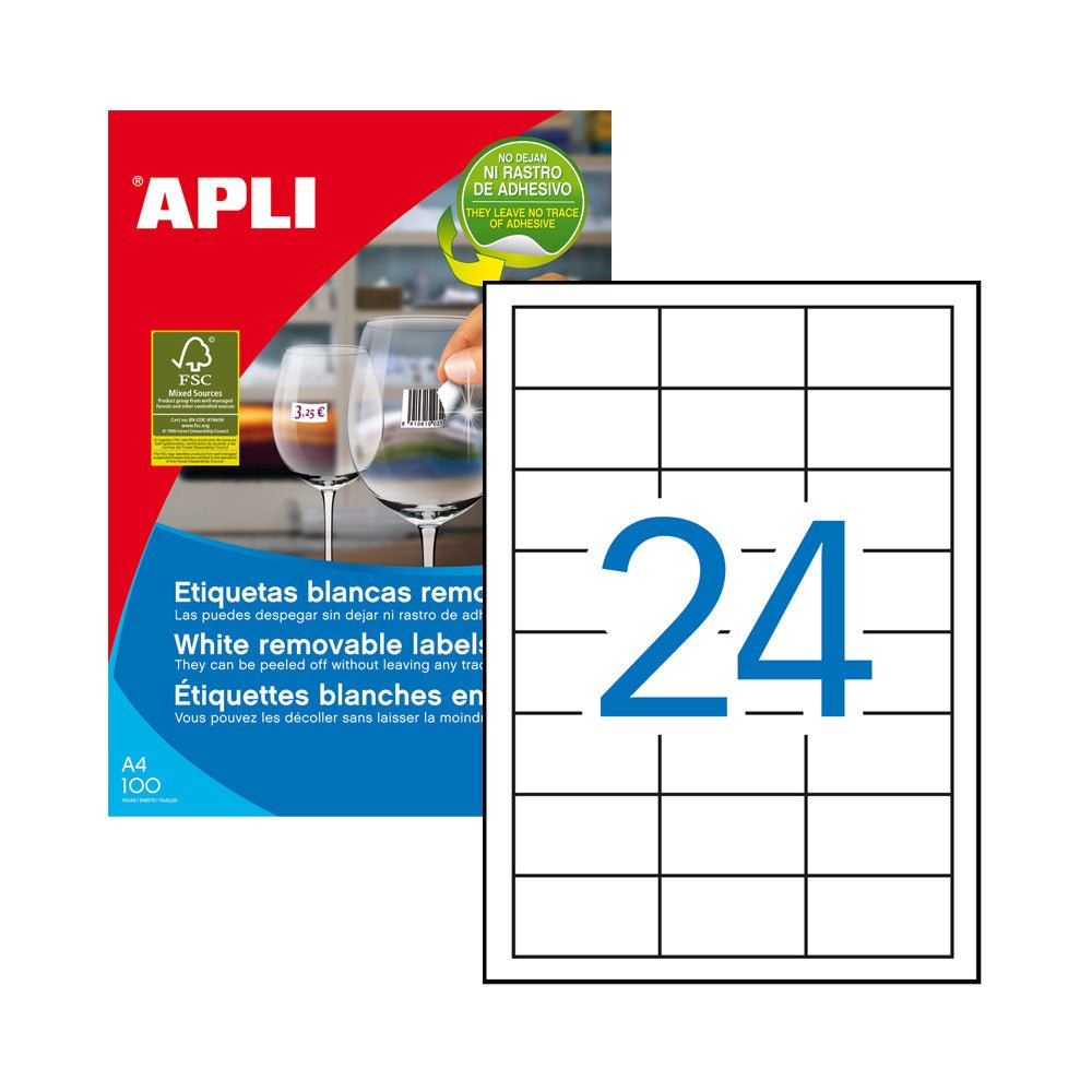 Bluepixel Equipamentos e Serviços Informáticos Lda | Etiquetas removíveis 6,4x3,8cm - 100 folhas A4, 2400 unidades Apli Etiquetas