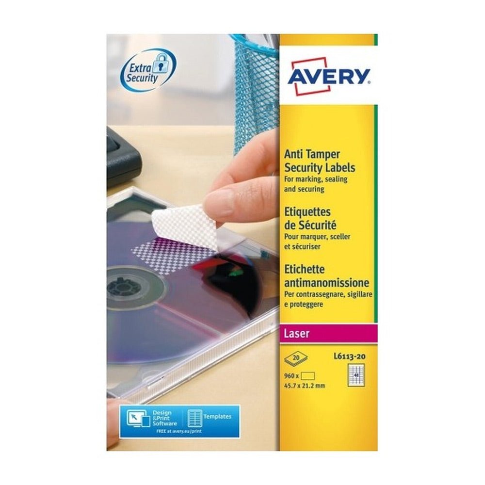Bluepixel Equipamentos e Serviços Informáticos Lda | Etiquetas de Segurança 45.7x21.2cm - 960 Unidades em Poliéstere Avery Folhas A4