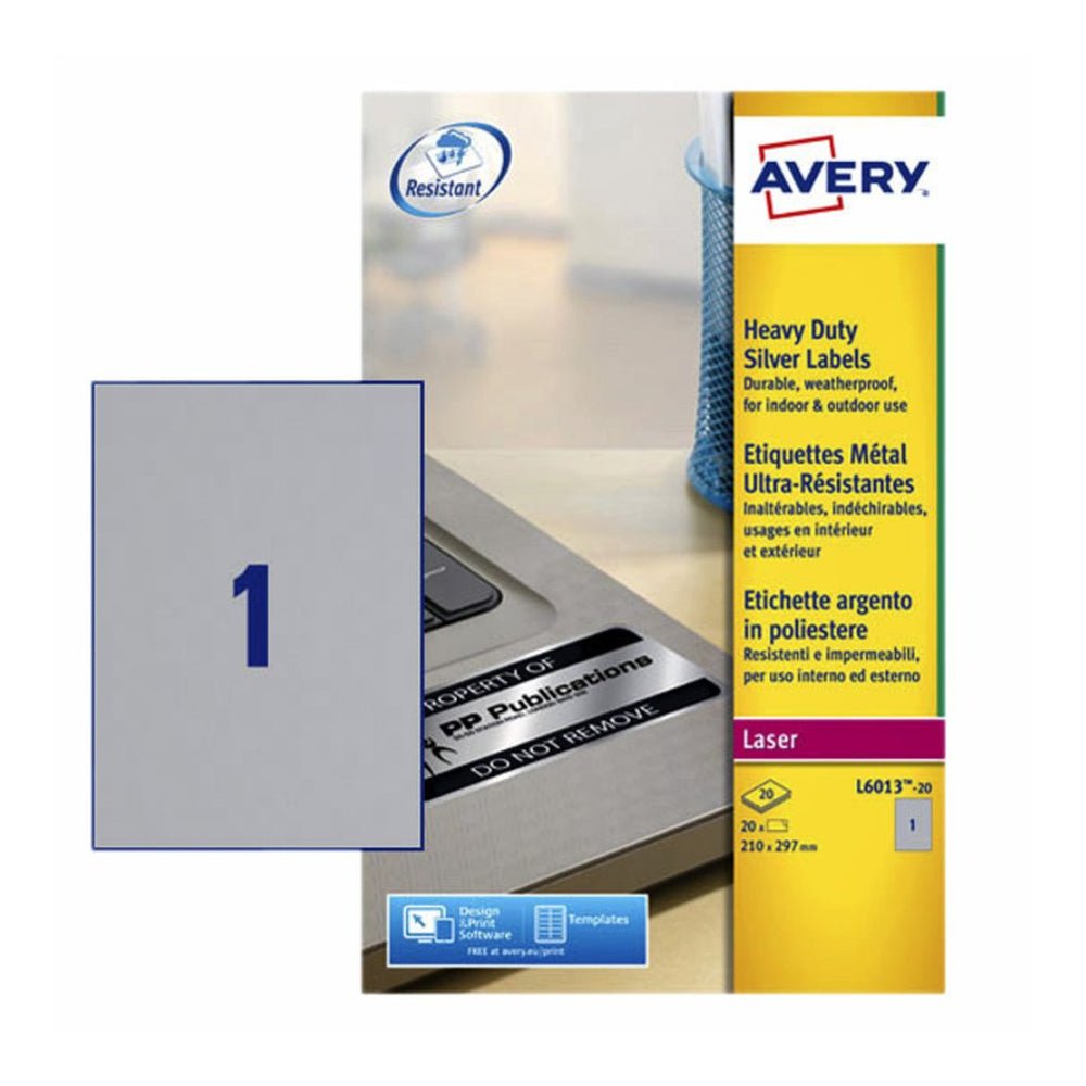 Bluepixel Equipamentos e Serviços Informáticos Lda | Etiquetas Resistentes Prata 210x297mm - Pack com 20 Avery Avery Folhas A4