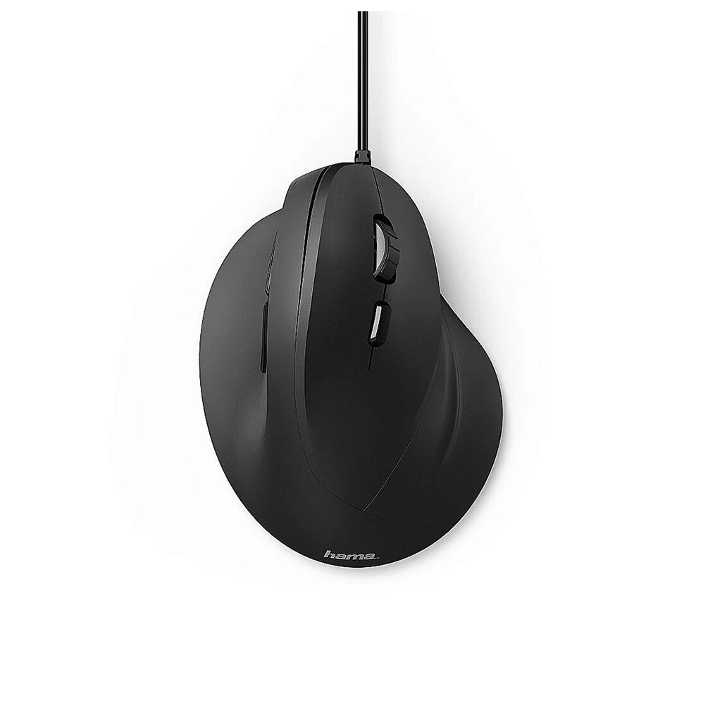 Rato ergonômico vertical com fio Hama EMC-500 preto, design confortável e de alta performance para uso prolongado.