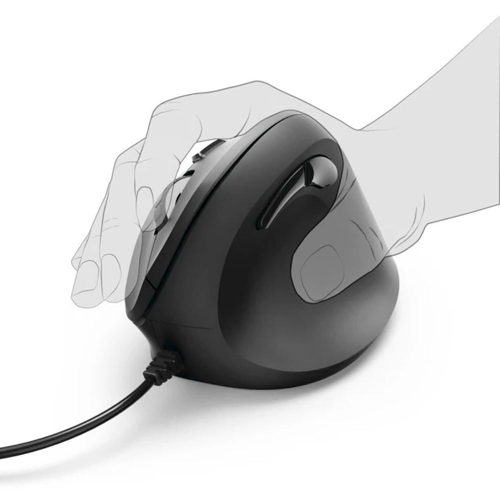 Rato ergonômico vertical com fio Hama EMC-500 preto, design confortável, ideal para uso prolongado, alto desempenho e precisão.