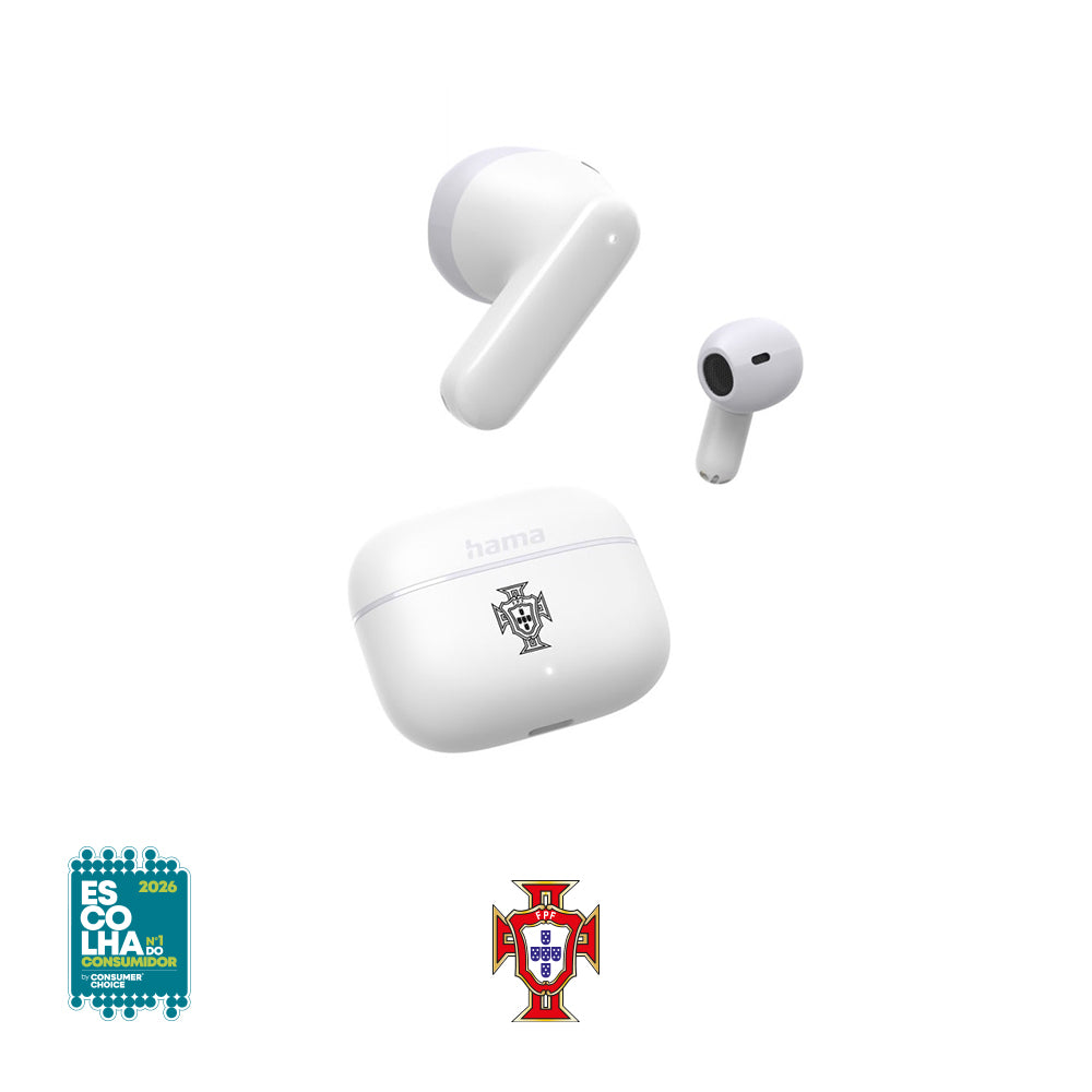 Auriculares Bluetooth Hama Earbuds Freedom Light II FPF brancos com design leve e confortável, visíveis na imagem branca.