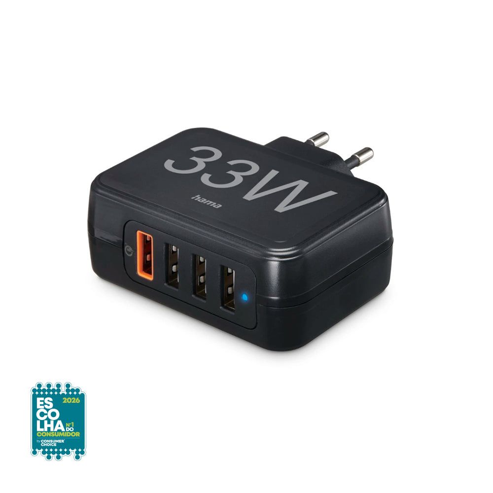 Carregador USB-A 4 Portas QC 33W Rápido Preto