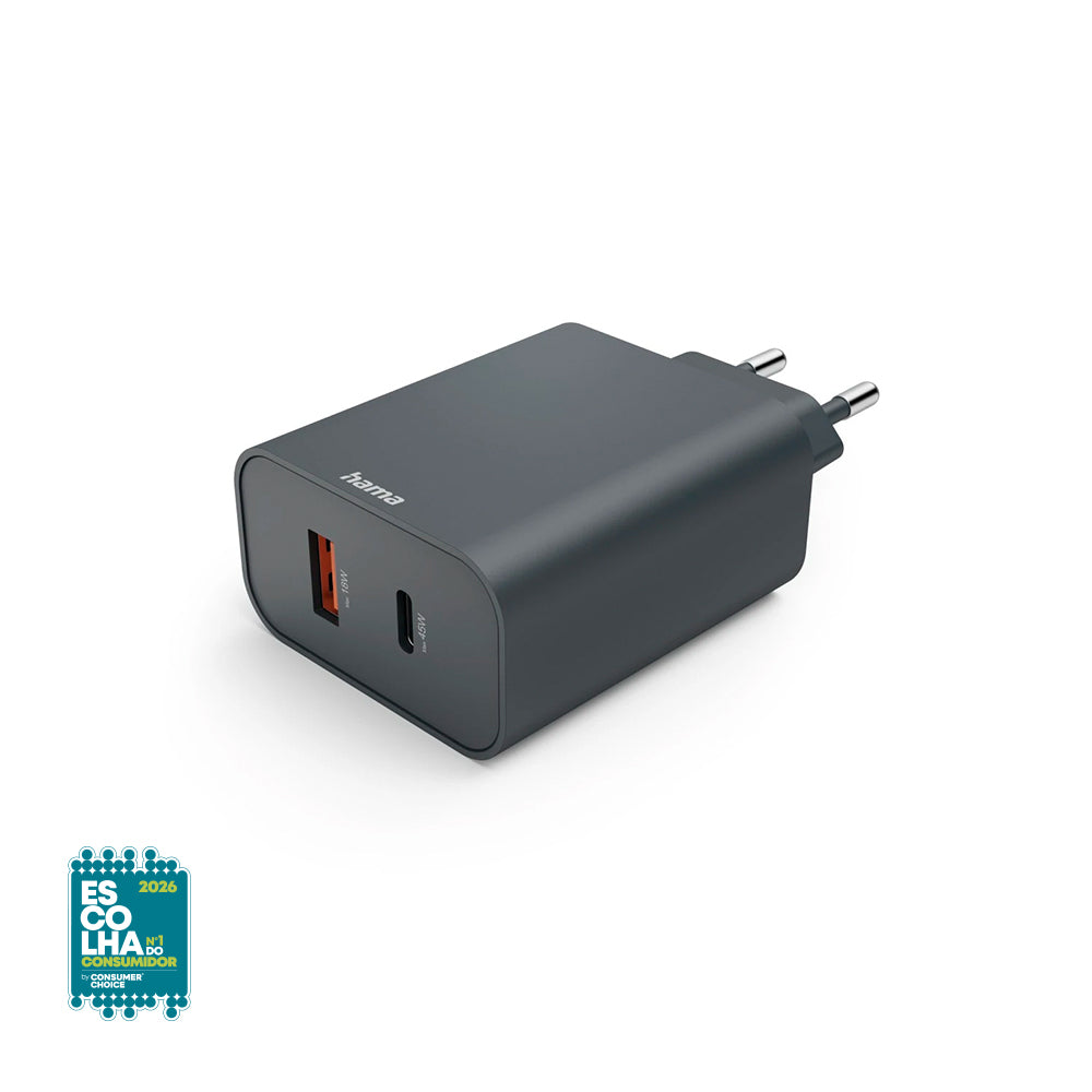 Carregador Rápido USB-C PD 45W e USB-A Cinza