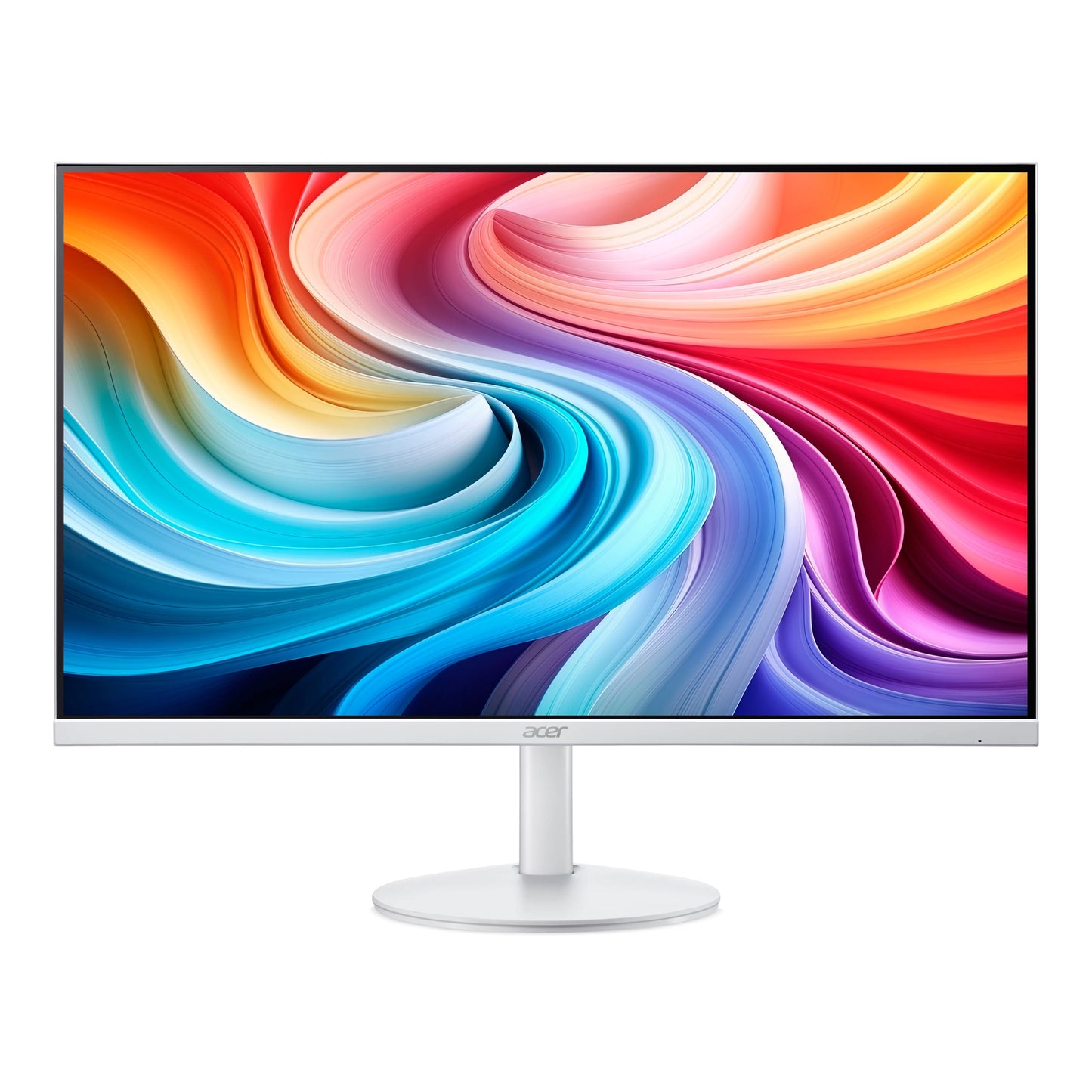 Monitor Acer 27" FHD com moldura zero, taxa 144Hz, painel IPS, entrada HDMI e VGA, áudio integrado, branco.