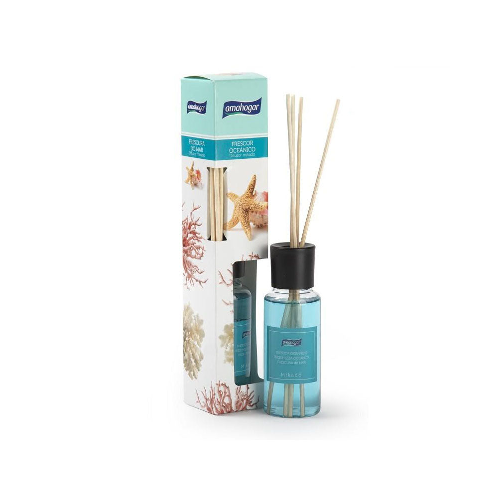 Ambientador Mikado Amahogar Frescura do Mar em sticks de 100ml, com fragrância refrescante e aroma marítimo natural.
