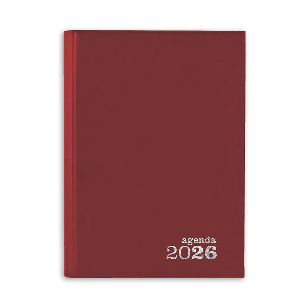 Agenda diária Ambar 2026 vermelha, tamanho 140x200mm, com páginas organizadas, capa resistente e design clássico.