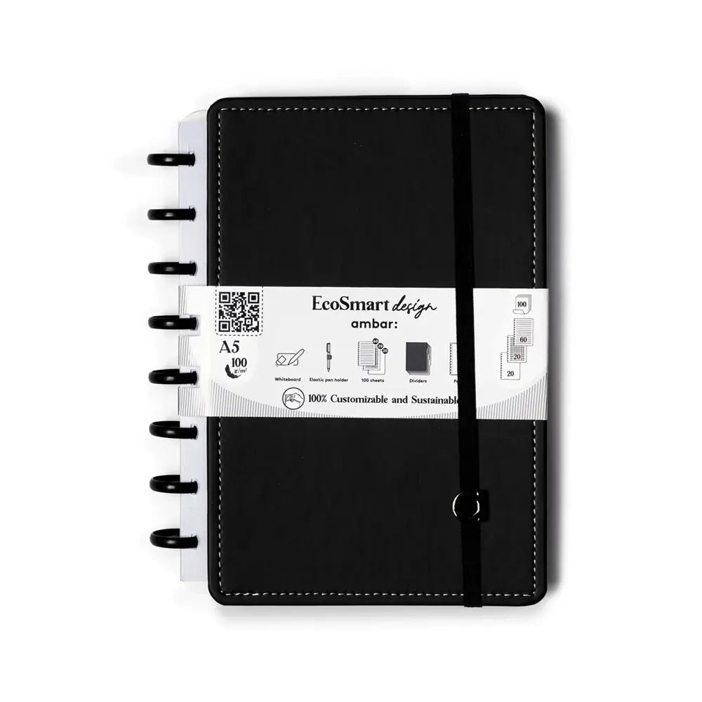 Caderno EcoSmart A5 preto da Ambar com 100 folhas, capa de PU sustentável, ideal para anotações e estudos.