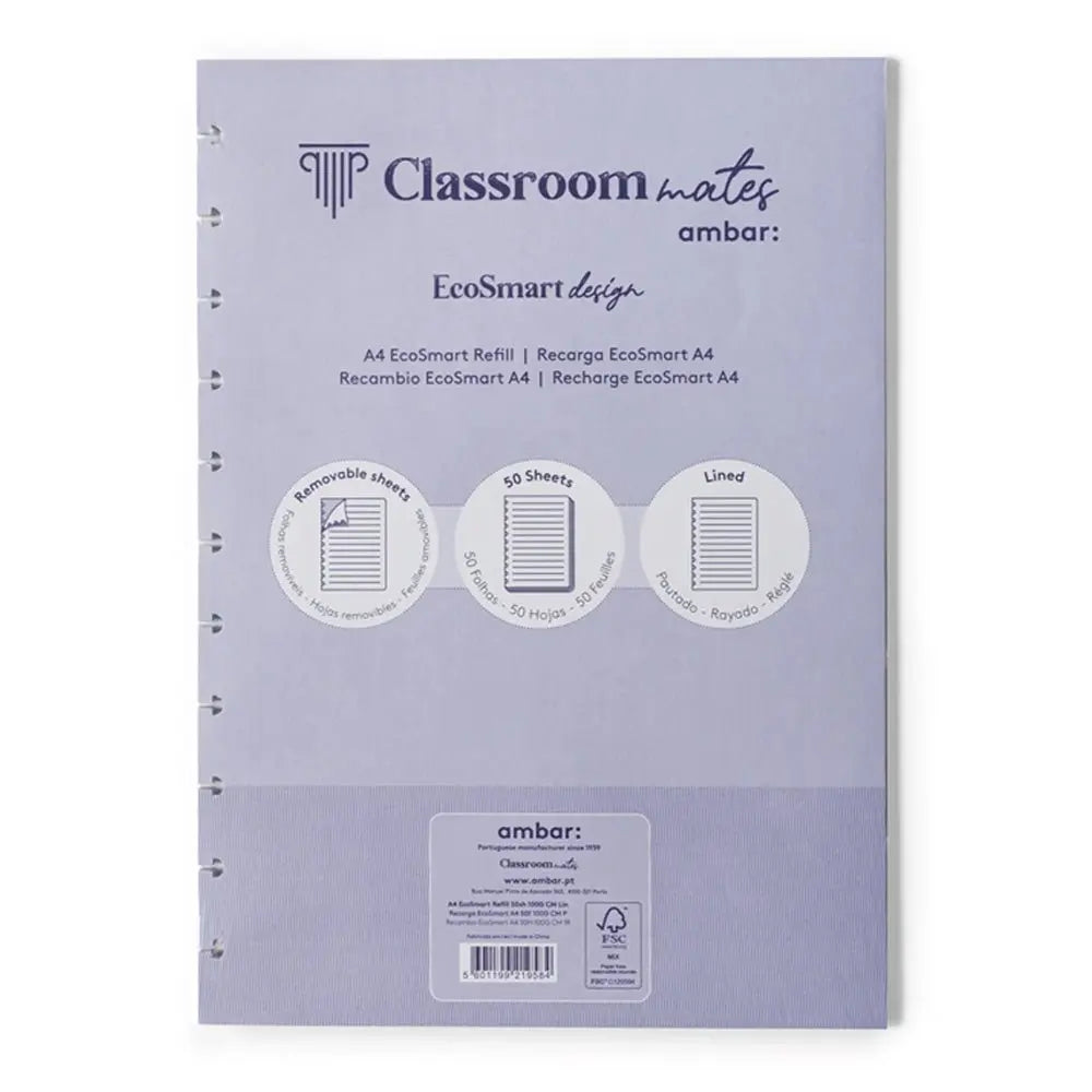 Recarga de caderno EcoSmart Ambar A4 pautado com 50 folhas, ideal para anotações e estudos.
