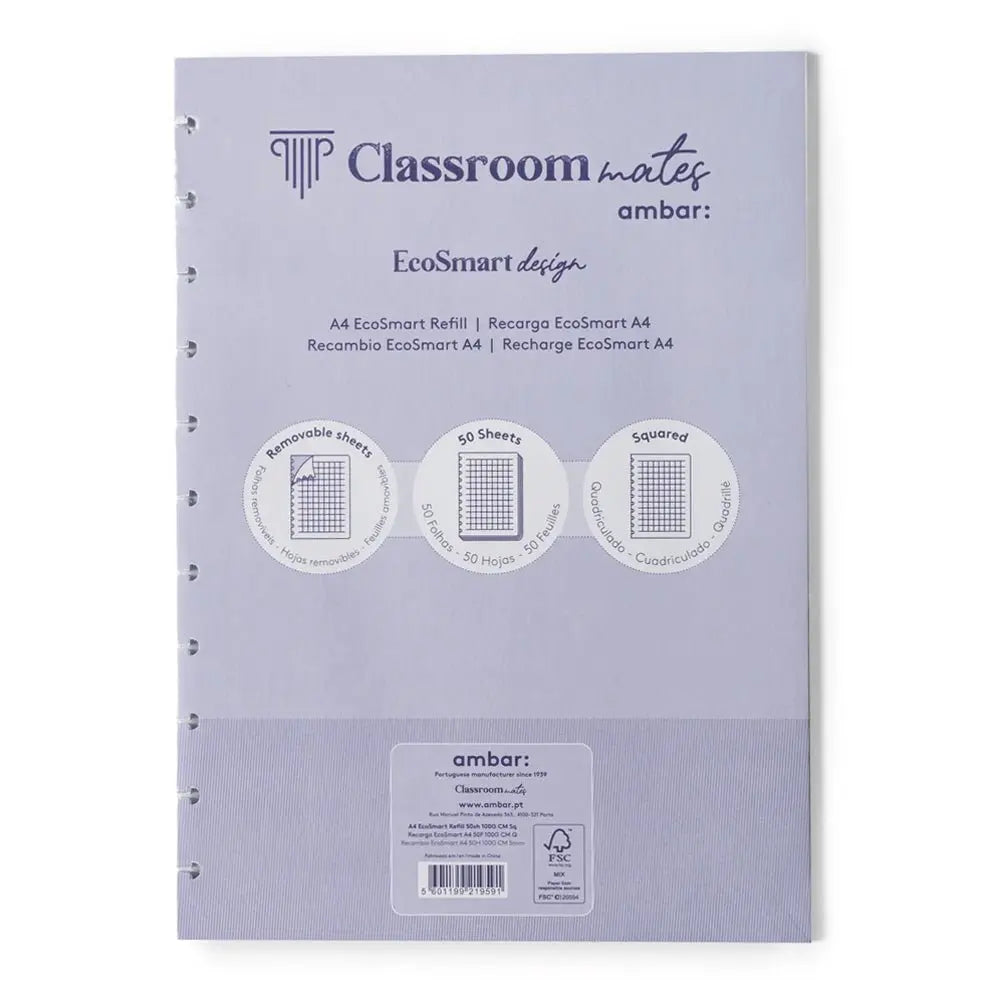 Recarga de caderno EcoSmart Ambar A4 com 50 folhas quadriculadas, ideal para anotações e estudos.