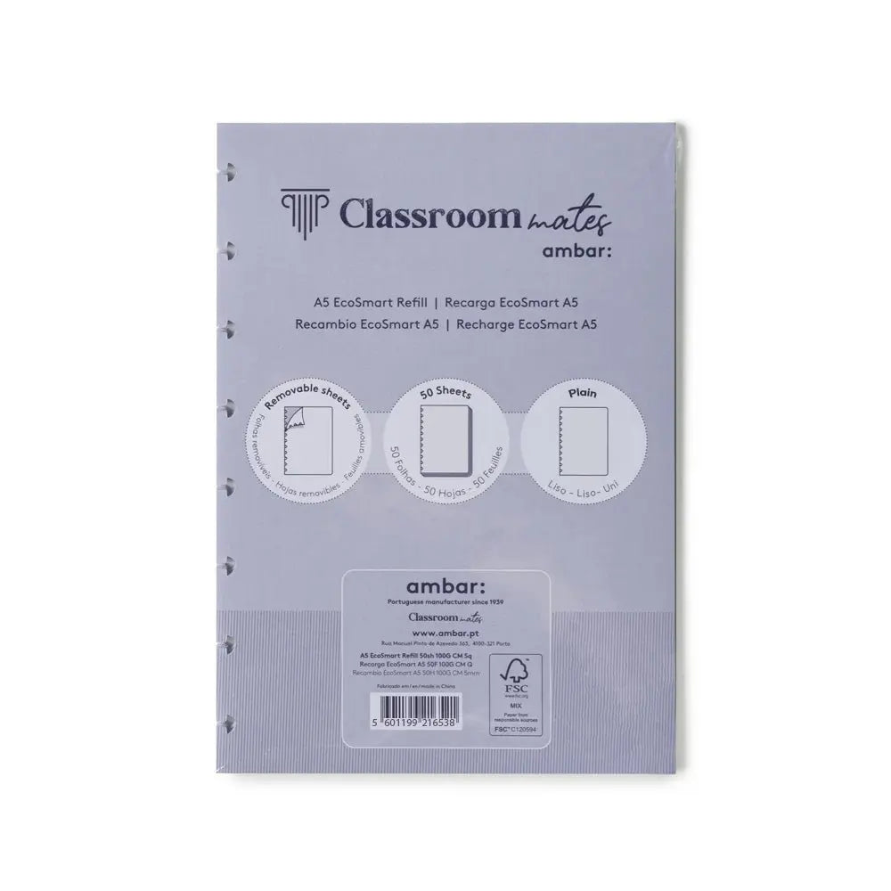 Recarga de caderno EcoSmart Ambar A5 com 50 folhas, ideal para cadernos ecológicos e sustentáveis.