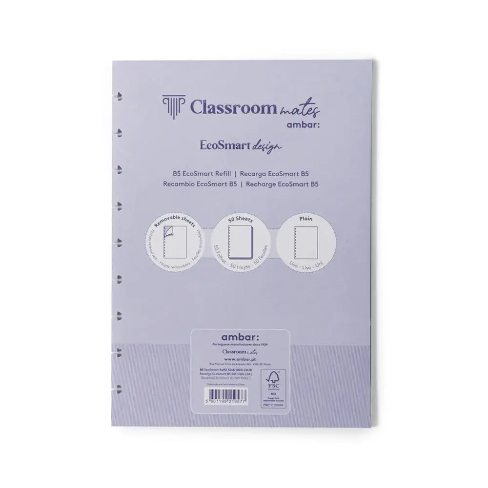 Recarga de caderno EcoSmart Ambar B5 liso com 50 folhas, compatível com cadernos EcoSmart Ambar, papel de alta qualidade.