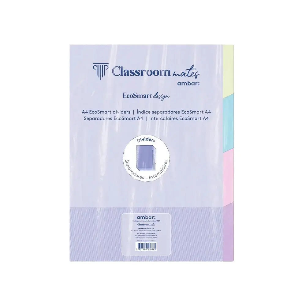 Separadores de caderno EcoSmart Ambar A4, 4 unidades, feitos de papel sustentável, usados para organizar páginas em cadernos.
