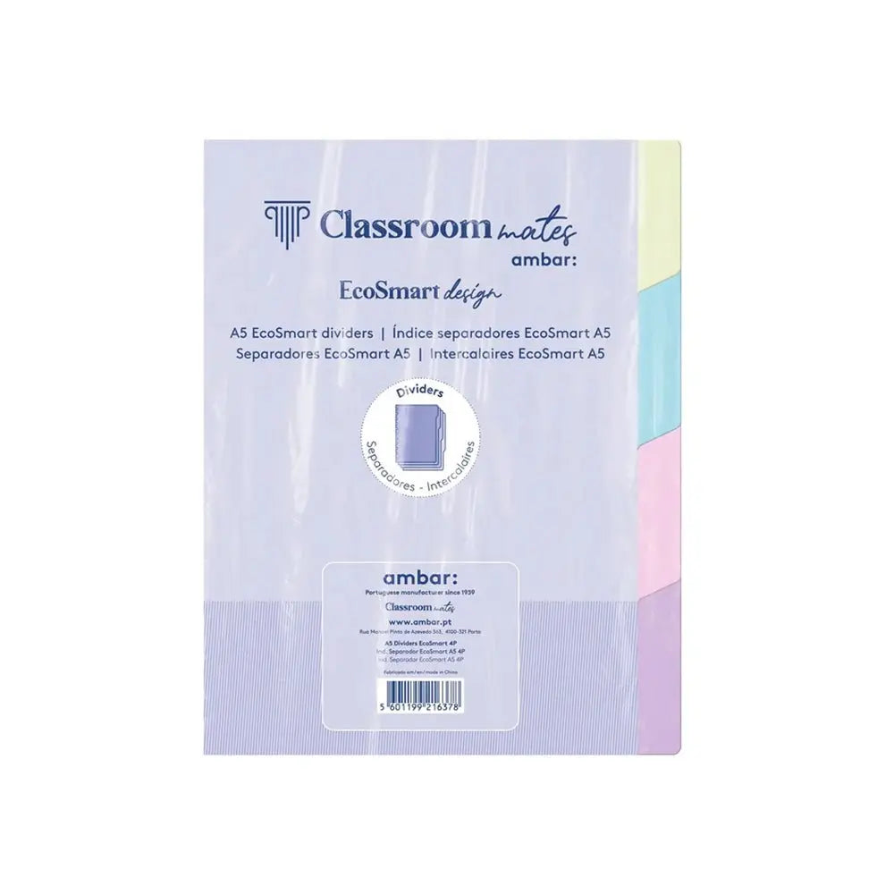 Separadores para caderno EcoSmart Ambar A5, pacote com 4 unidades, em papel reciclado, ideal para organizar cadernos.