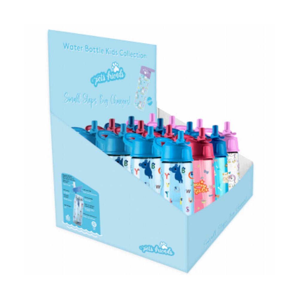 Kit com 16 garrafas infantis Pets Friends Ambar, garrafas plásticas coloridas para crianças, com desenhos de animais.