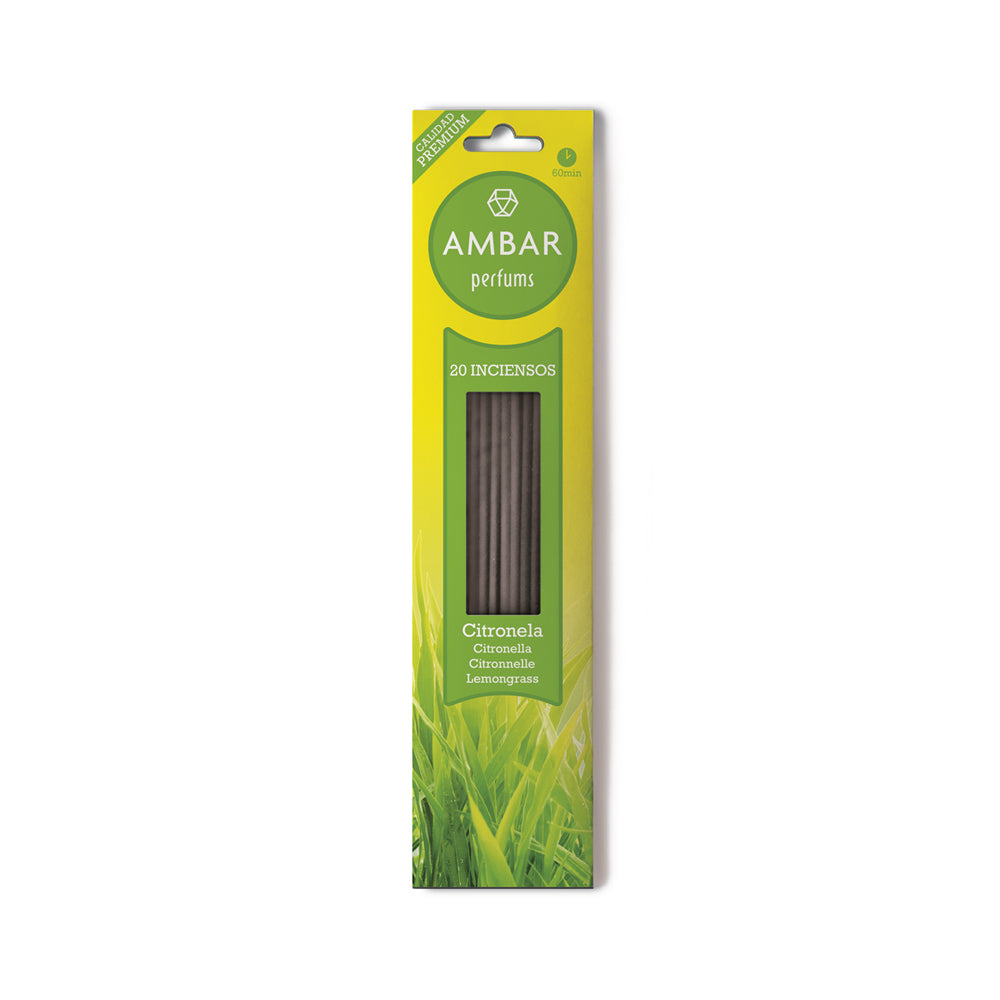 Incensos Ambar Citronela, pacote com 20 unidades de varinhas aromáticas para proteção e aroma natural.