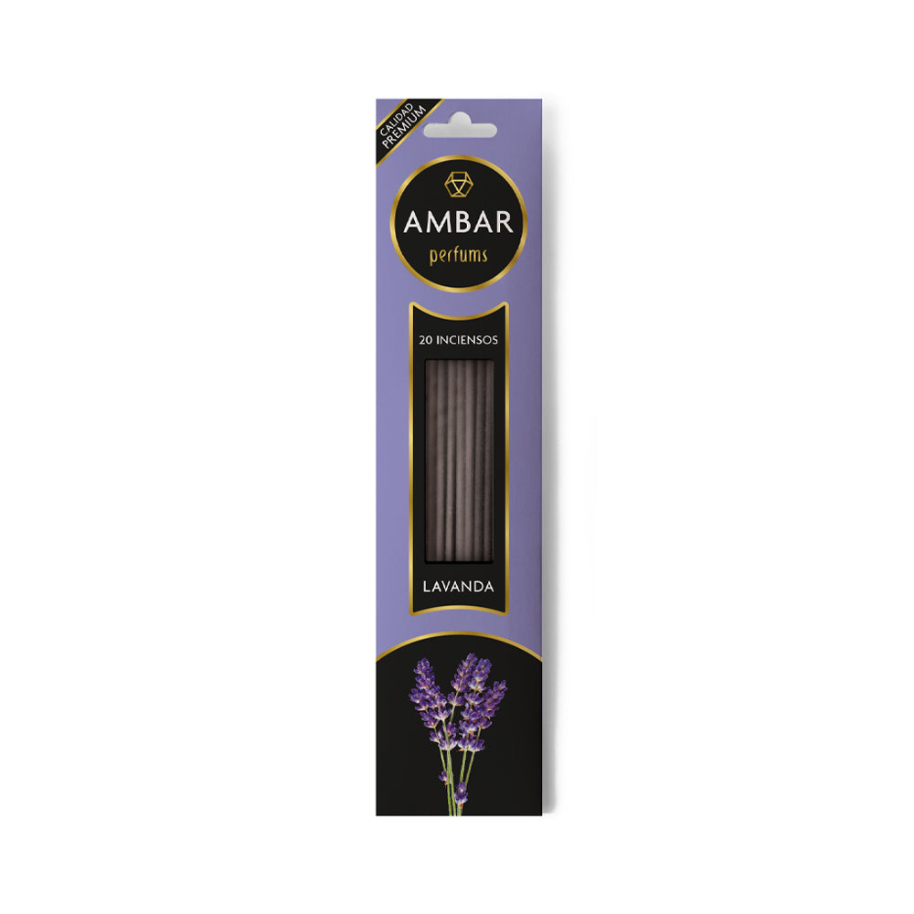 Incenso em bastão Ambar Lavanda da Ambar Perfums, pacote com 20 unidades para aromaterapia e relaxamento.