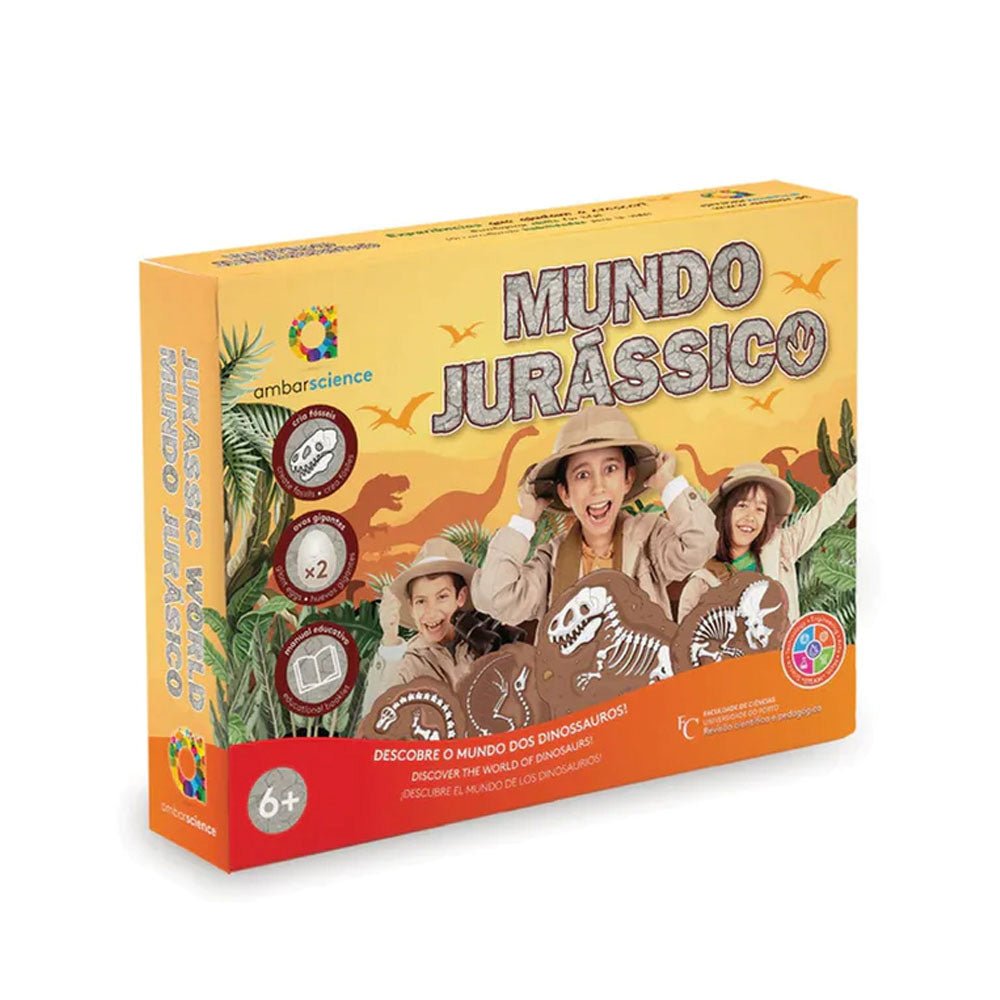 Brinquedo educativo Mundo Jurássico Ambarscience para crianças, conjunto de cientistas com figuras de dinossauros coloridos.