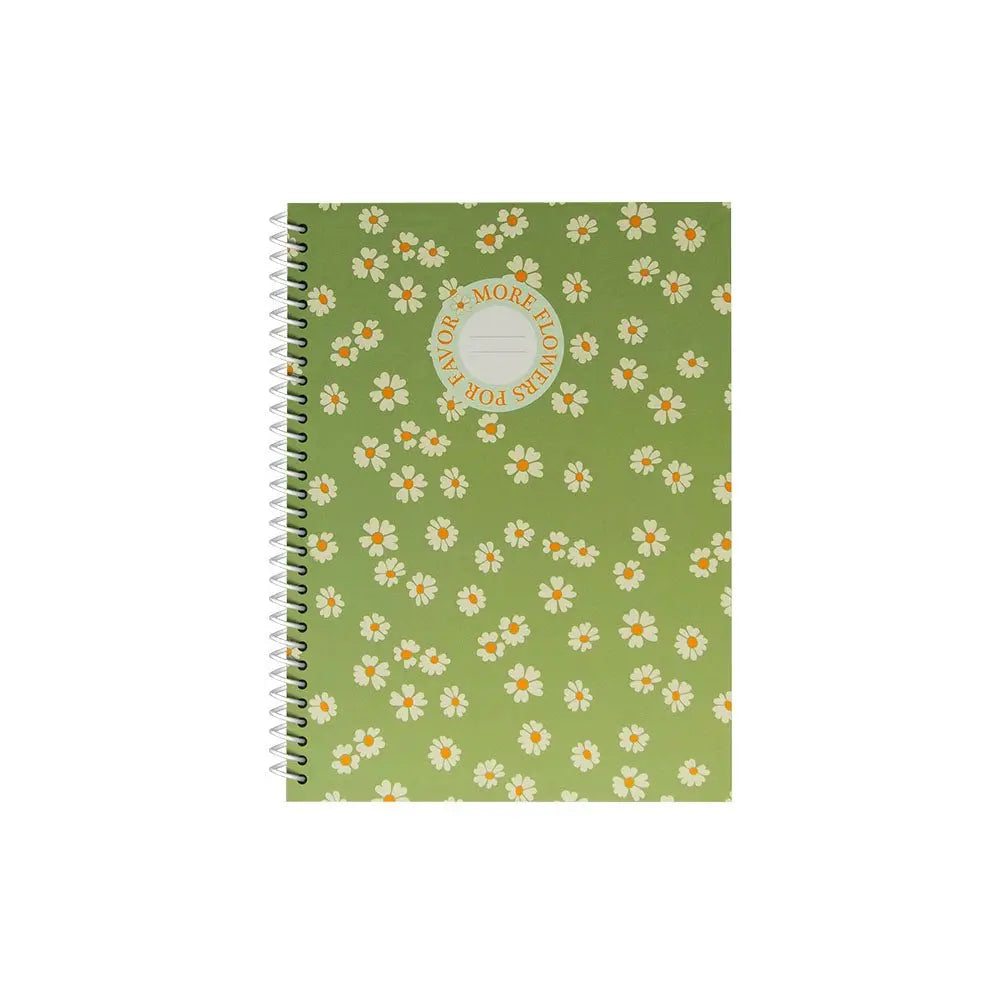 Caderno espiral A5 pautado Flowers Verde da Ancor com 80 folhas, acompanhado de lápis e papel, ideal para anotações e estudos