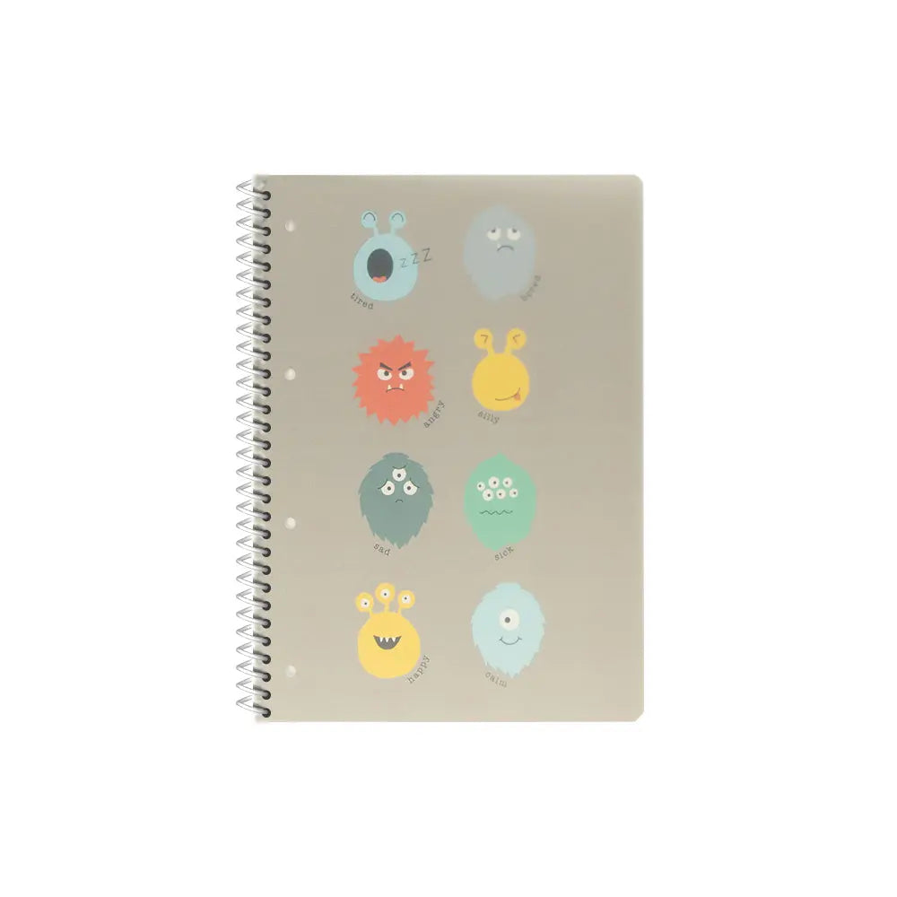 Caderno espiral A5 pautado da Ancor, cor PP, com capa de monstros, 80 folhas para anotações e estudos.
