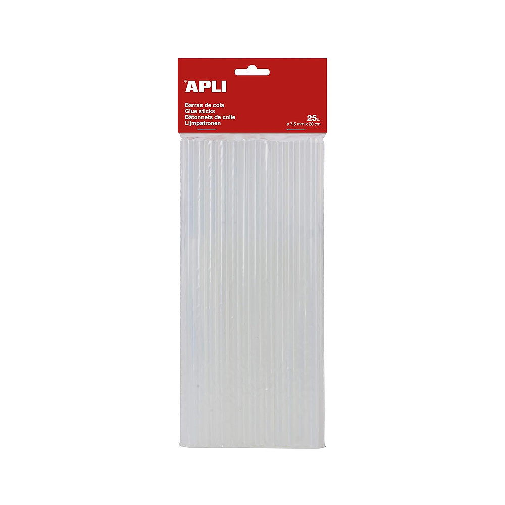 Recarga de 25 bastões de cola quente Apli de 7,5mm, ideal para projetos de artesanato e reparos domésticos.