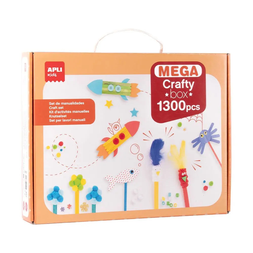 Conjunto de manualidades Mega Crafty Box Apli com 1300 peças, materiais coloridos para criar e se divertir.