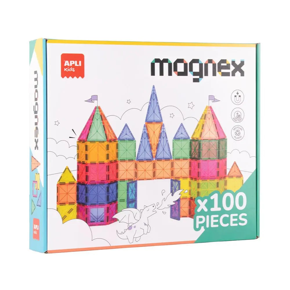 Conjunto de blocos magnéticos Apli Magnex com 100 peças educativas para construção e criatividade infantil.