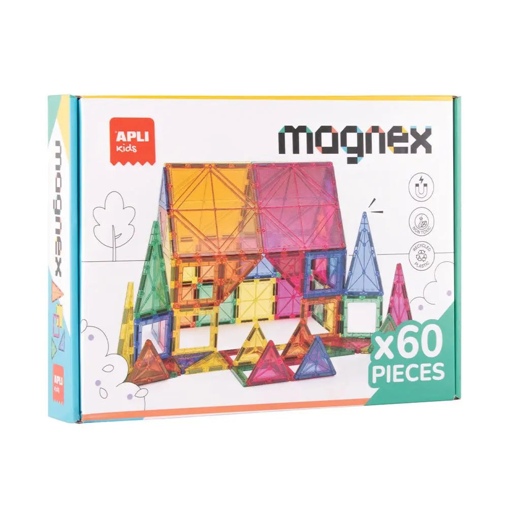 Blocos magnéticos Apli Magnex Apli, jogo de 60 peças de construção educativa com cores vibrantes e formas variadas.