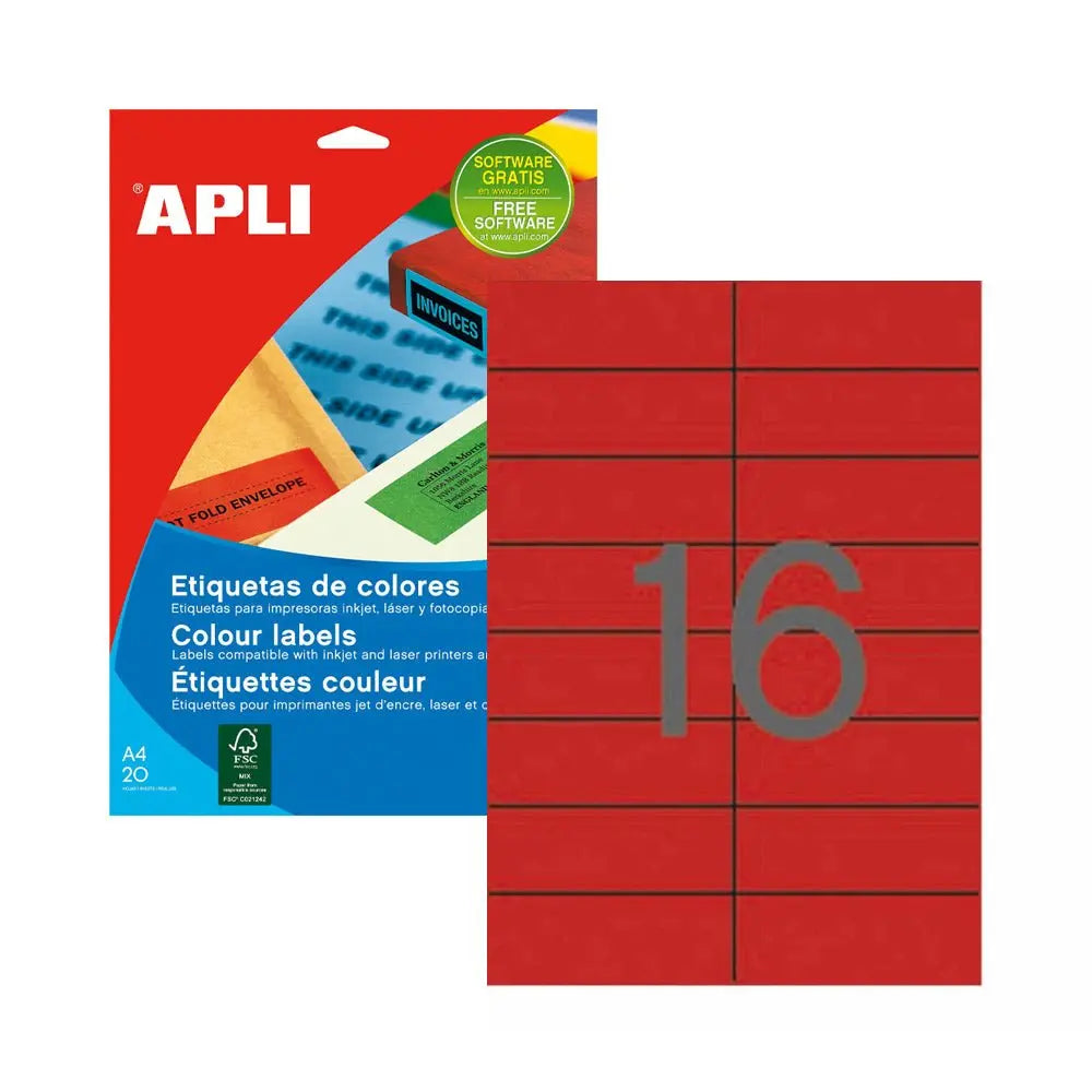 Etiquetas Apli vermelhas 105x37mm, pacote com 320 unidades em folha A4, ideais para organização e identificação.