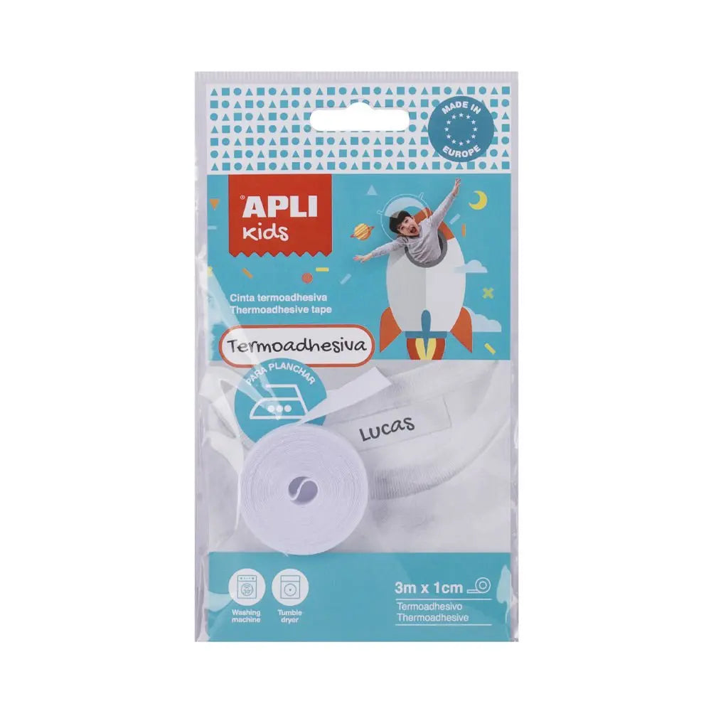 Fita termoadesiva têxtil Apli Kids de 10mm por 3m, ideal para etiquetas e costura, com acabamento resistente.