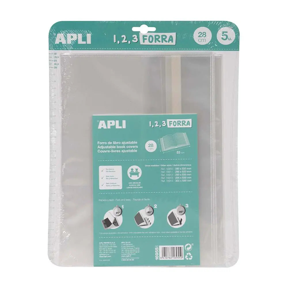 Forra livros ajustável Apli de 280x530mm e 75 micras, pack com 5 unidades, proteção para capas de livros e documentos.