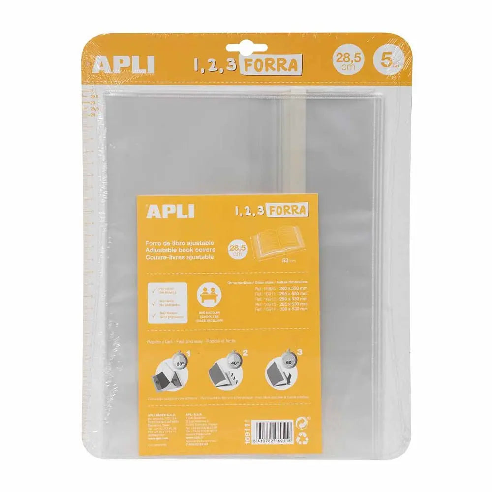 Forra livros ajustável Apli 285x530mm, 75mic, pack com 5 unidades, proteção para livros e documentos.