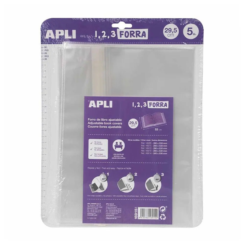 Forra livros ajustável Apli 295x530mm, 75mic, pacote com 5 unidades, proteção para livros e materiais de papelaria